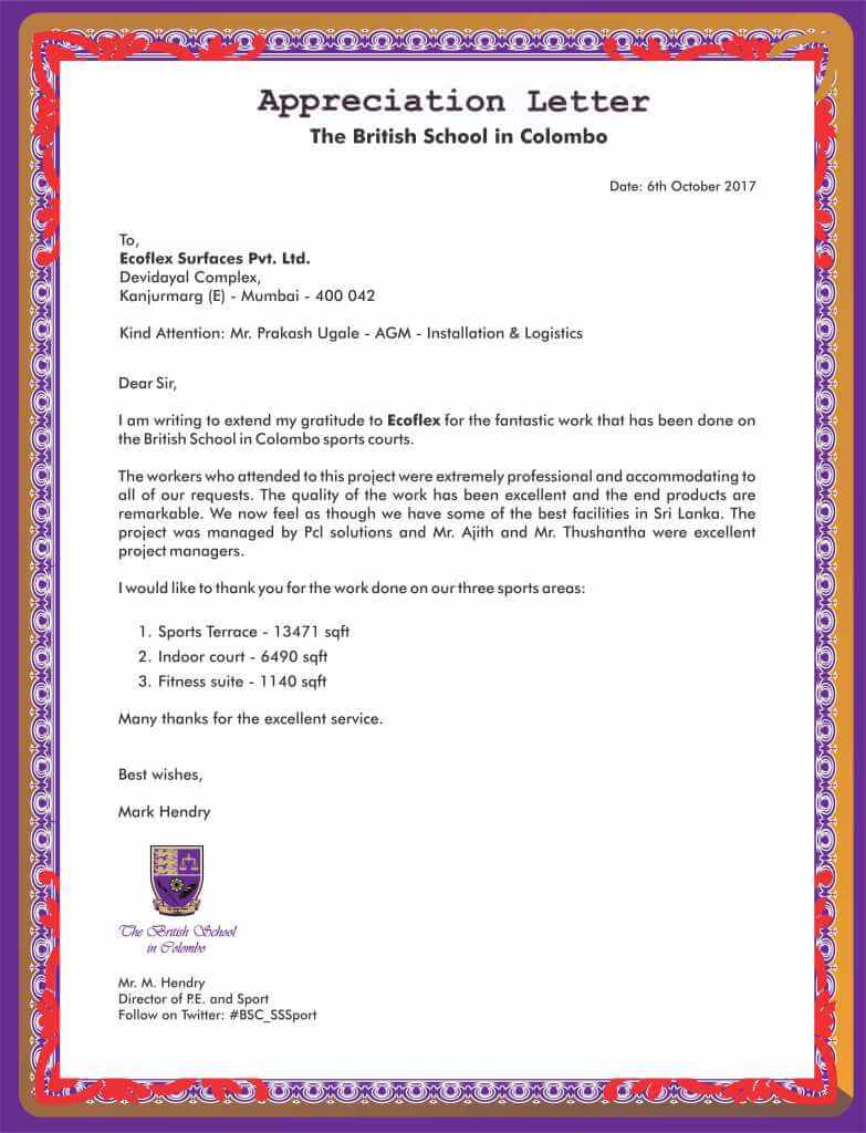 Appreciation Letter The British School - Ecoflex